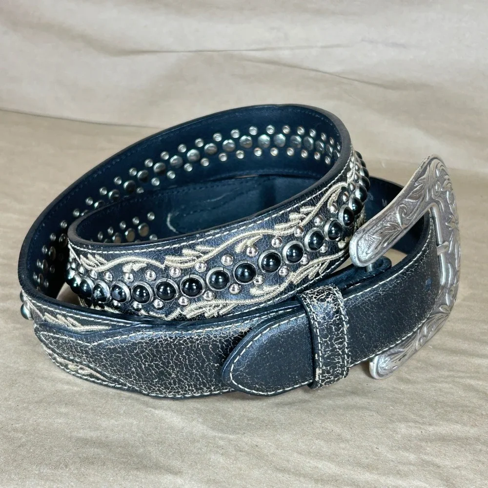 Nocona Belt Mens M Black Distressed Leather Embroidered Studded Engraved Buckle